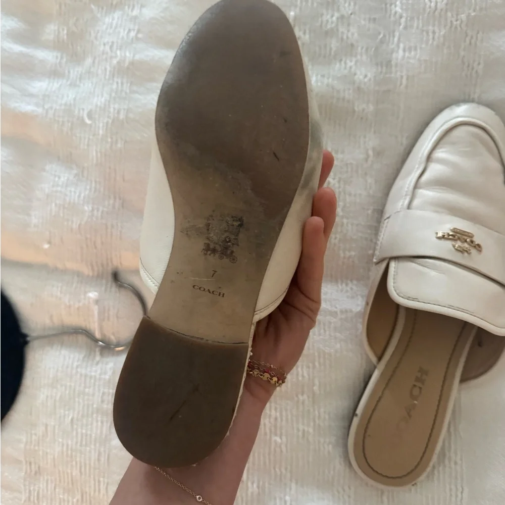 Coach White Leather Backless Loafers with Gold Logo